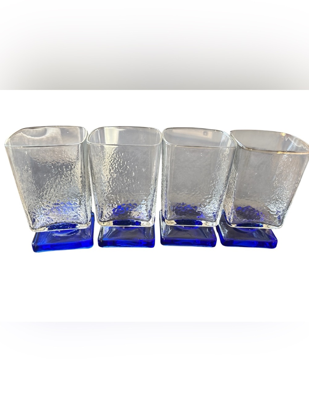 4 Bormioli Rocco Cobalt Blue Textured Cocktail Rocks Glasses Square Art Deco